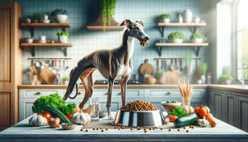 Italian Greyhound standing on table eating dog food